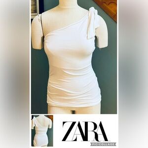Zara Soft White One-Shoulder Asymmetric Sleeveless Ruched Sides Top Preloved